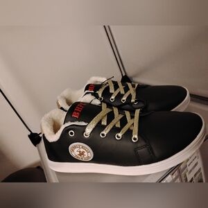 New Lace Up Women Black Sneakers with Gold Laces Size 9